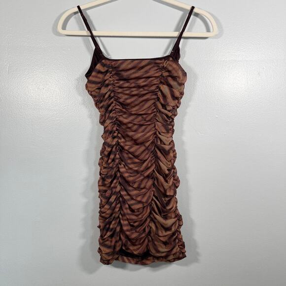 Urban Outfitters Ruched Mesh Mini Dress Animal Leopard Brown Y2K Bodycon - Picture 4 of 8